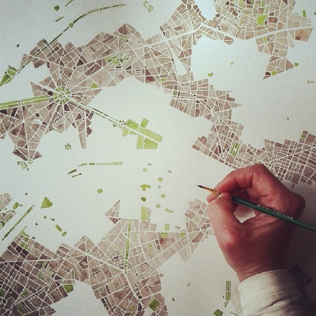 Paris #sepia #park #green #blue #watercolor #map #art #handpainted #summitridge