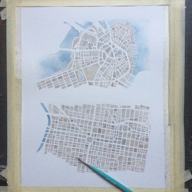 Boston Philly #watercolor #map #summitridge #indigo #sepia #charcoal