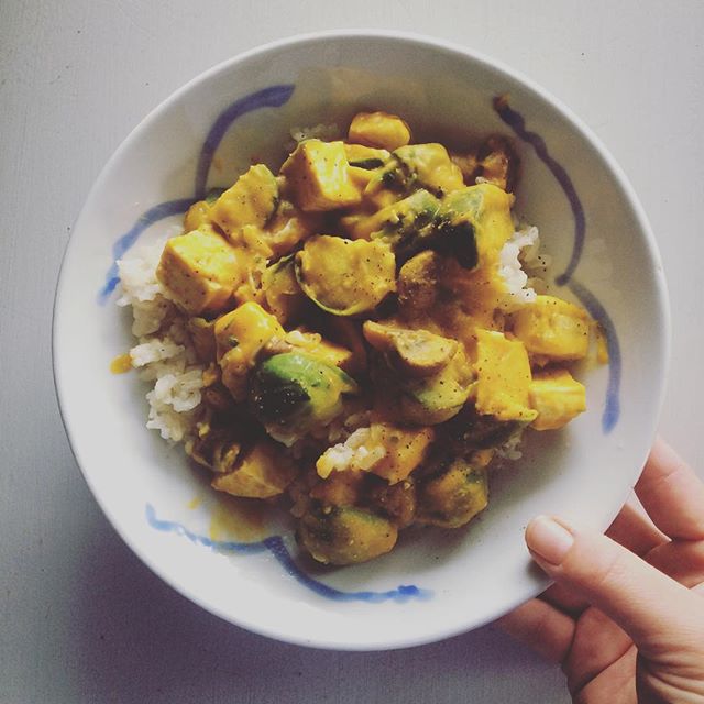 Hubbard squash purée with mushroom and tofu and brussel sprouts and rice #vegan #garden #food #forksoverknives #foodporn