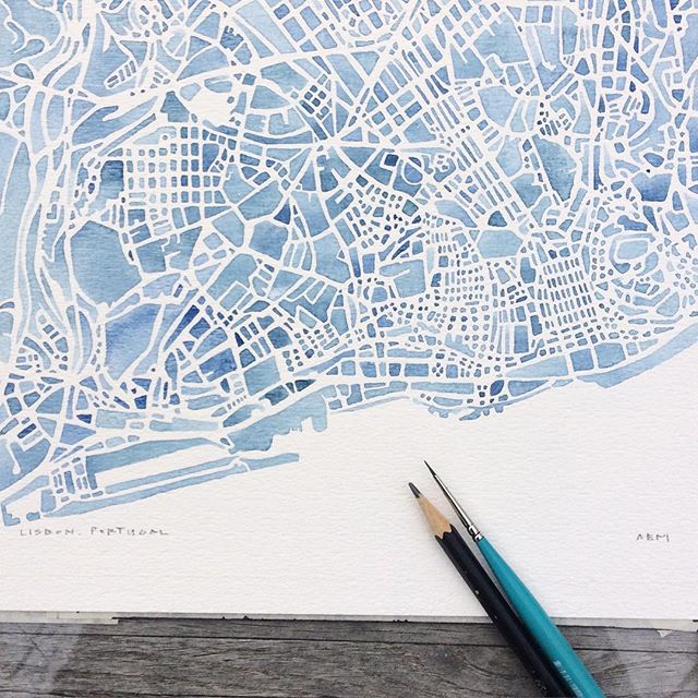 Lisbon #portugal #travel #city_explore #art #watercolor #map #indigo #blue #summitridgestudio